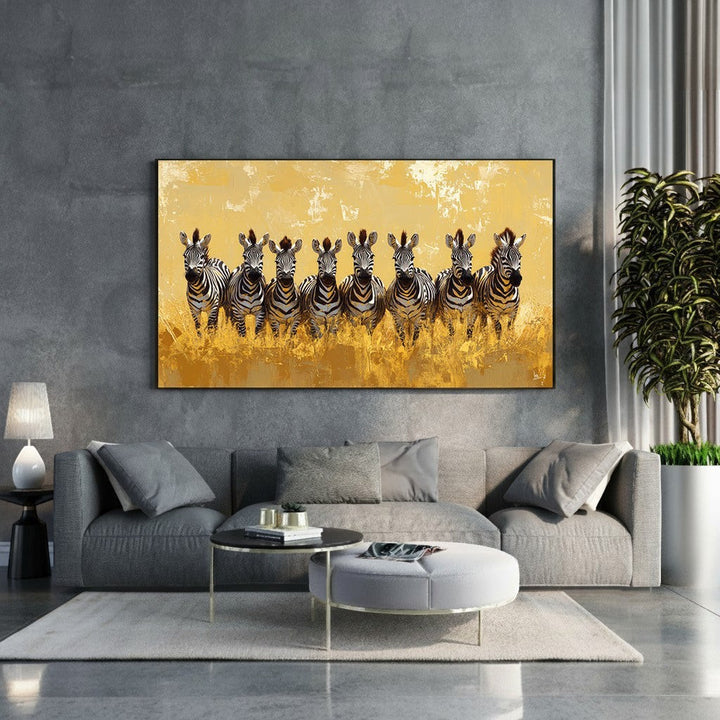 Wadi Home Zebras in Golden Field Wall Art, a row of zebras in a textured golden field.