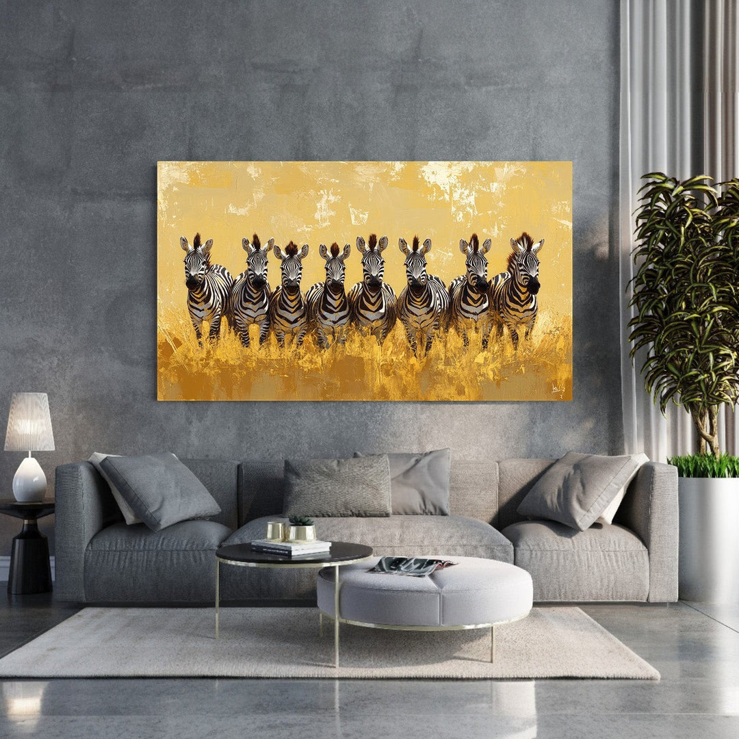 Wadi Home Zebras in Golden Field Wall Art, a row of zebras in a textured golden field.