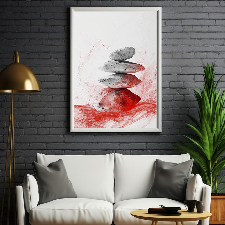 Wadi Home Zen Stone Stack Wall Art with grey stones and red abstract brushstrokes, minimalist design.