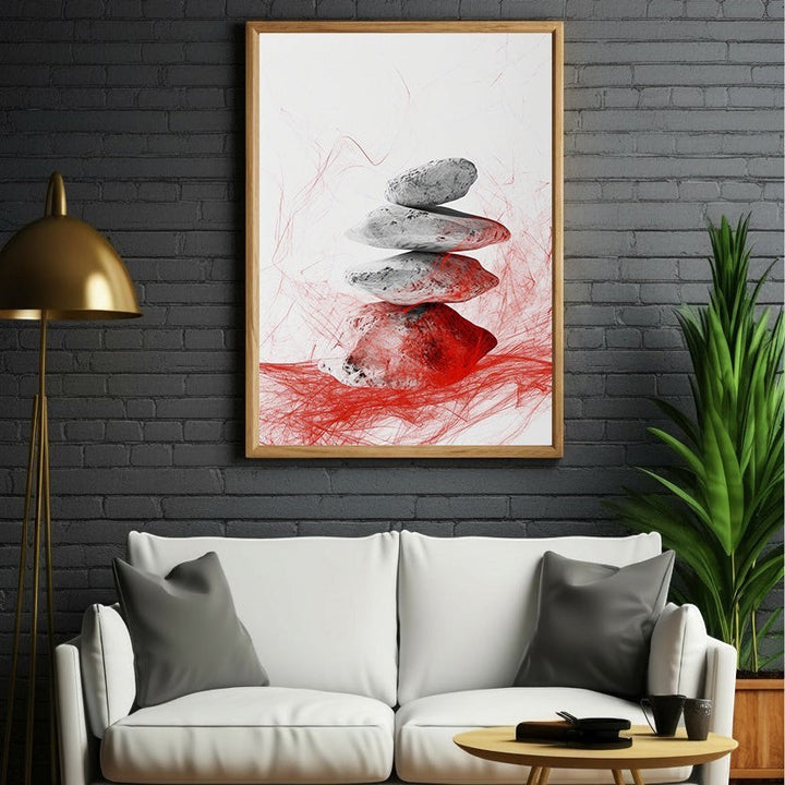 Wadi Home Zen Stone Stack Wall Art with grey stones and red abstract brushstrokes, minimalist design.