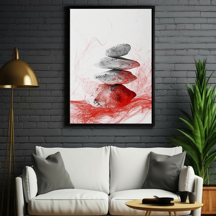 Wadi Home Zen Stone Stack Wall Art with grey stones and red abstract brushstrokes, minimalist design.