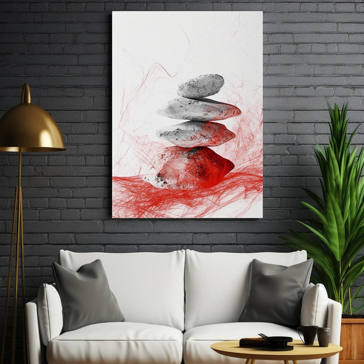 Wadi Home Zen Stone Stack Wall Art featuring balanced grey stones with red abstract brushstrokes, perfect for meditation spaces.