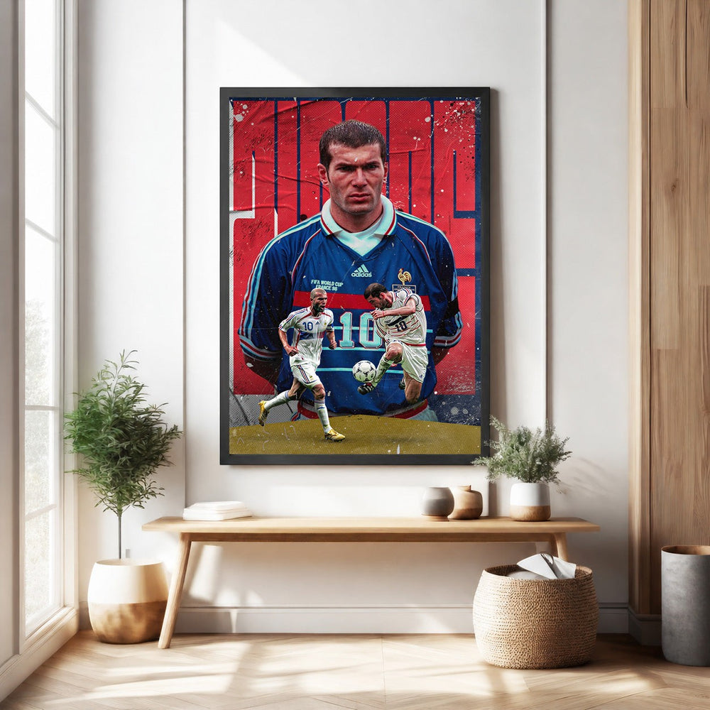 Wadi Home vintage poster of Zinedine Zidane in France's blue football kit, action shot with dribbling.