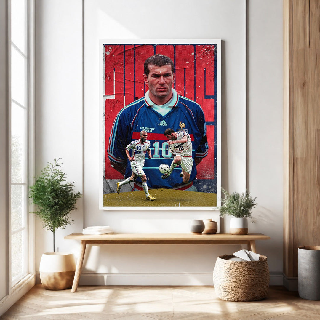 Wadi Home vintage Zinedine Zidane football poster featuring the icon in his France jersey, dribbling and in action. Red and blue design.