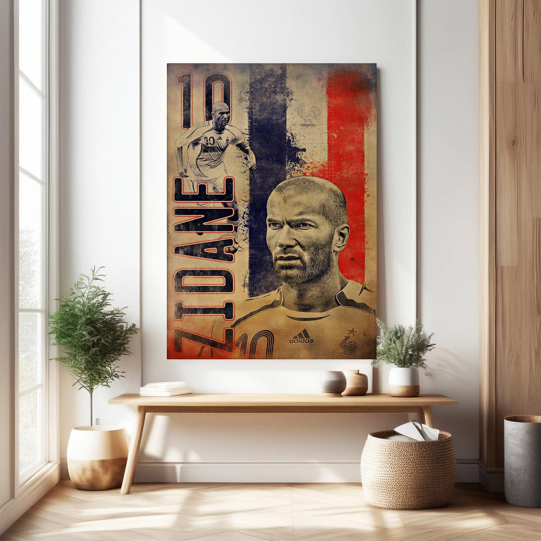 Wadi Home vintage Zinedine Zidane football poster with French flag colours and distressed texture.