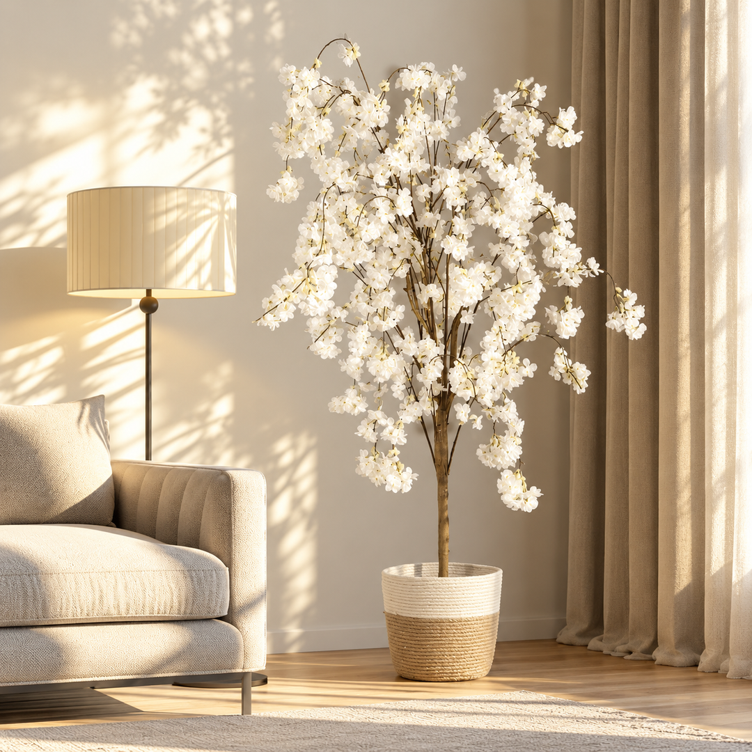 155 cm artificial white cherry blossom tree in a cream and natural tan woven pot beside a cream armchair.