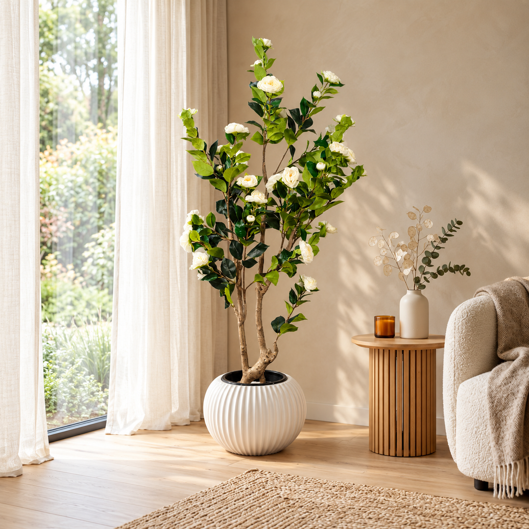 160 cm artificial white flowering tree with natural-look branching trunks in a spherical white ribbed pot, styled beside a sunlit window.
