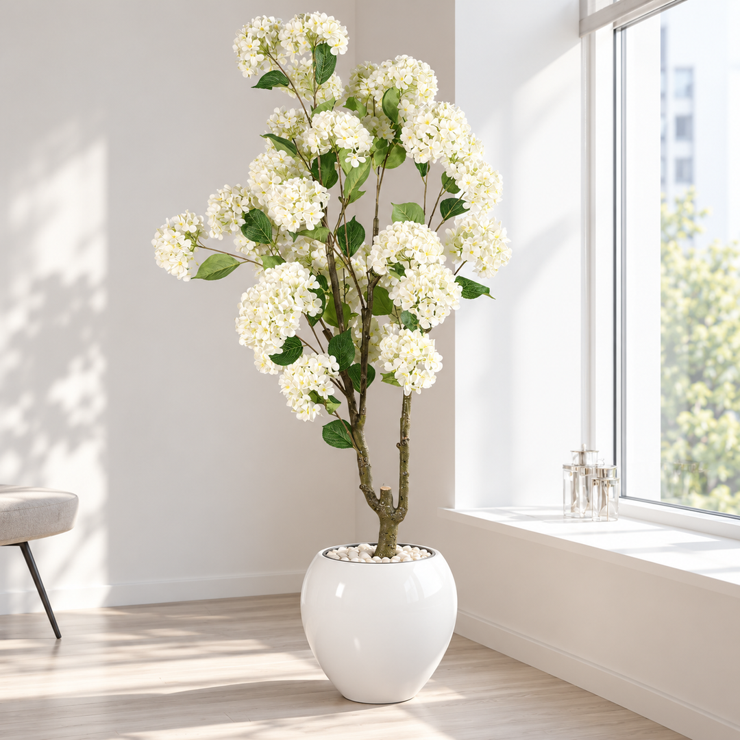 170 cm artificial white hydrangea tree in a smooth glossy white fiberglass pot styled with white decorative pebbles beside a bright window.
