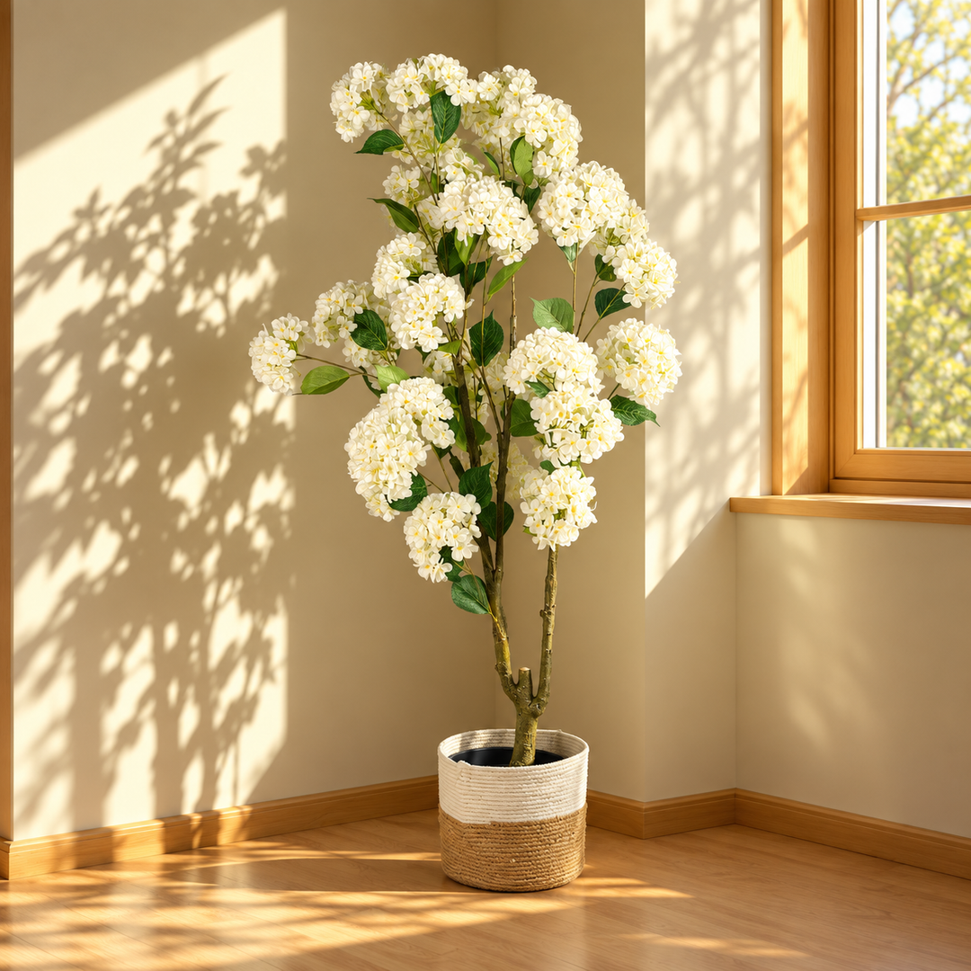160 cm artificial white hydrangea tree with rounded flower clusters and green leaves in a cream and natural tan woven pot beside a sunlit window.