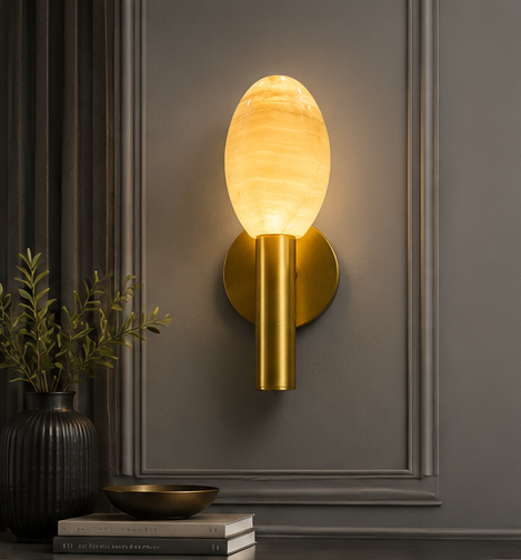 Luxury Oval Alabaster Wall Sconce in Brushed Antique Brass