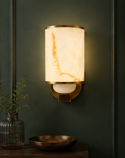 Luxury Alabaster Cylinder Wall Sconce in Antique Brass