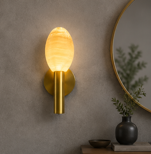 Luxury Oval Alabaster Wall Sconce in Brushed Antique Brass